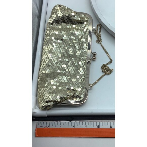 Ann Taylor LOFT Gold Sequin Clutch Purse Chain Strap Kiss Lock Evening Bag - Picture 5 of 6